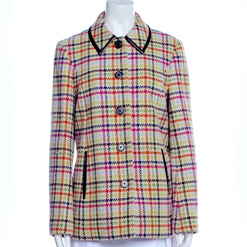 Coach 💯 Wool Hampton Plaid  Tattersall Multi Color Leather Trimmed Coat Size XS